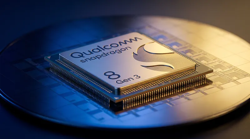 A close-up view of a Qualcomm Snapdragon mobile processor chip resting on a silicon wafer.