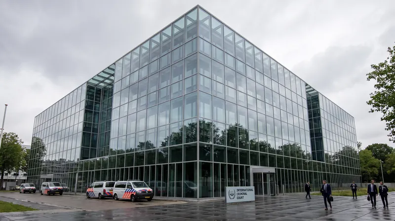 The modern glass and stone exterior of the International Criminal Court building in The Hague.