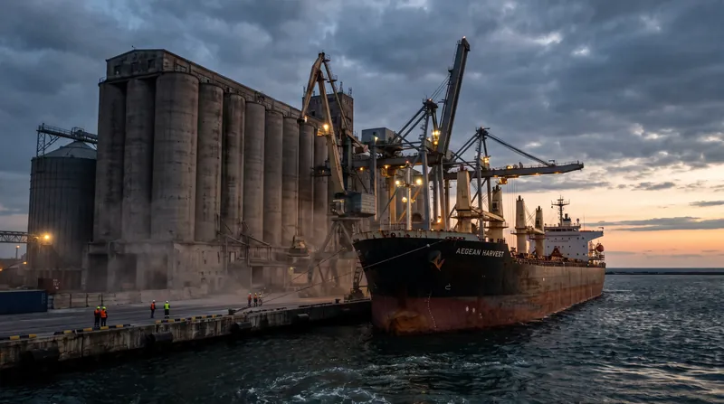 A large commercial cargo ship docked beside towering grain silos at a Black Sea port facility.