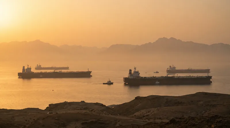 Large oil tankers anchored in the waters of the Strait of Hormuz under a hazy sunset.