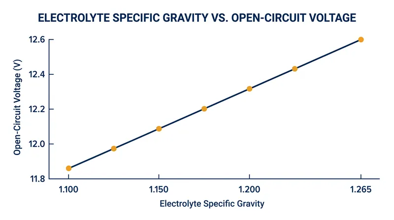 As sulfuric acid is diluted during discharge, the specific gravity falls, directly lowering the open-circuit voltage.