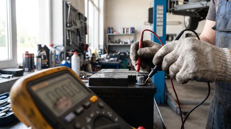 A close-up view of a person using a digital multimeter to test the voltage on the terminals of a car battery.