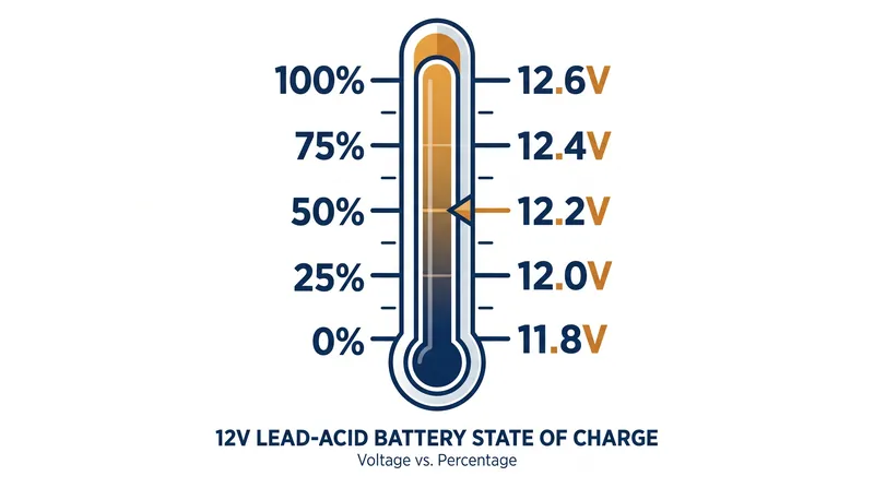 The operational window for a 12-volt lead-acid battery spans less than one volt from fully charged to completely empty.