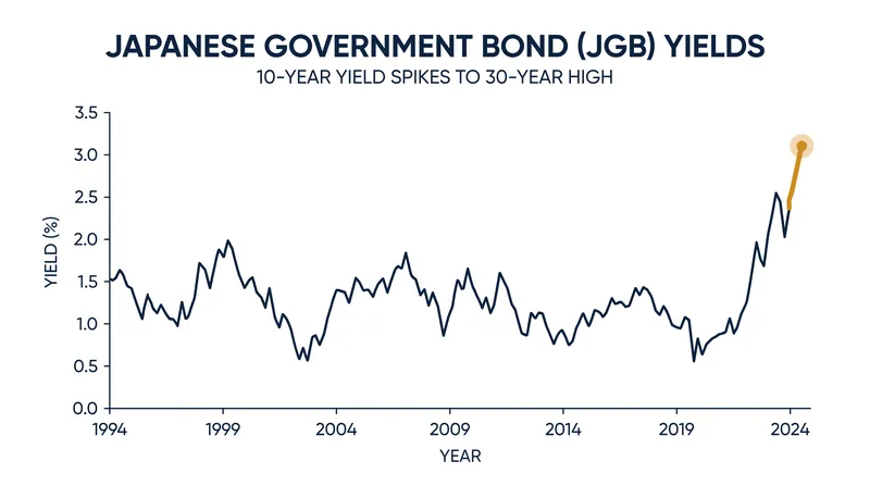 Japanese Government Bond yields surged to a 30-year high following rumors of massive new defense spending.