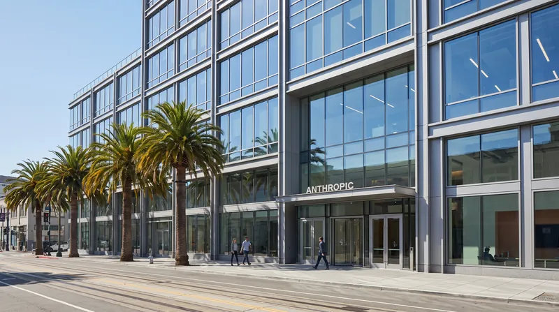 Exterior view of Anthropic's modern corporate headquarters building in San Francisco during the daytime.