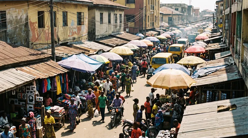 People walking through a brightly lit outdoor street market seeking shade under colorful tarps.