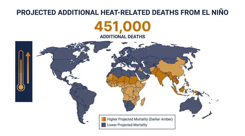 Projected geographic distribution of additional heat-related deaths through February 2027.