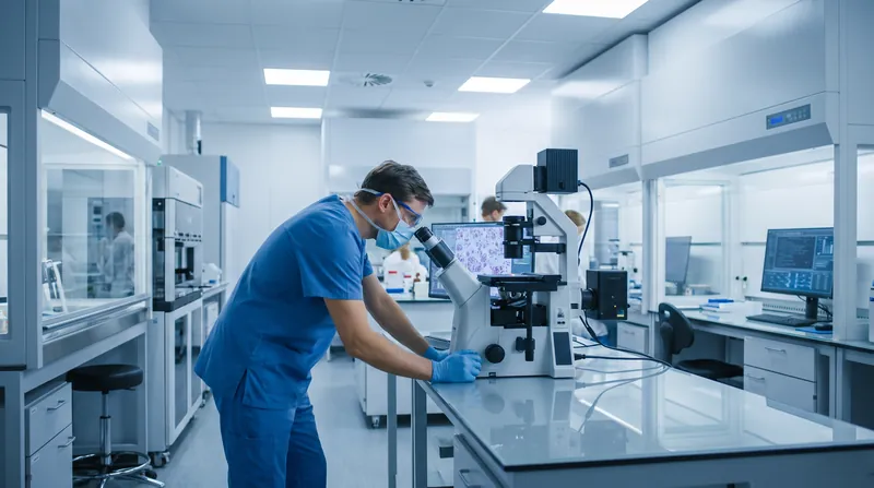 Medical professional in a laboratory examining samples through a microscope for molecular biomarker testing.