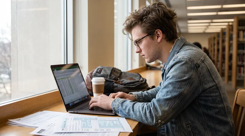 A young adult sits at a desk with a laptop and financial documents, reviewing paperwork.