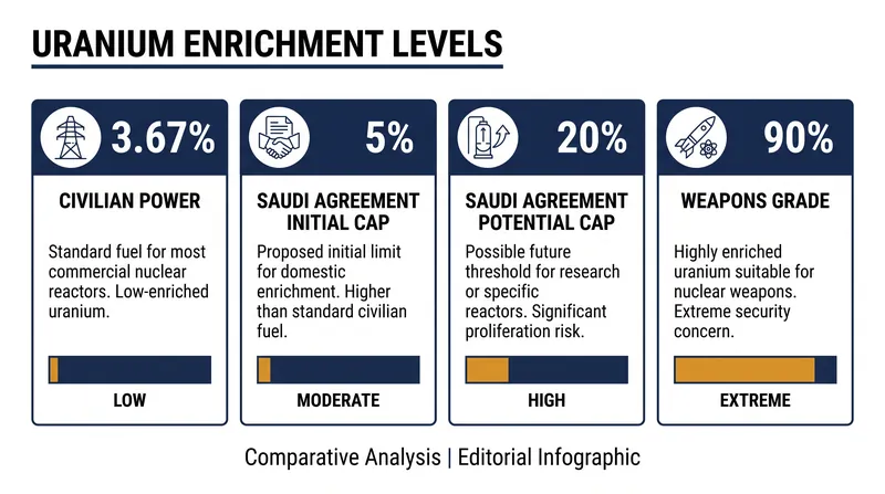 The US-Saudi agreement permits initial uranium enrichment up to 5 percent, with a potential pathway to 20 percent.