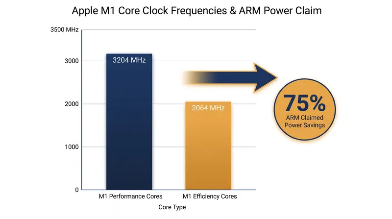 Efficiency cores run at significantly lower clock speeds, trading absolute throughput for battery longevity.