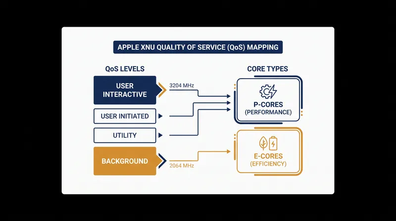 Apple's macOS uses software-defined Quality of Service tags to physically constrain background tasks to slower efficiency cores.
