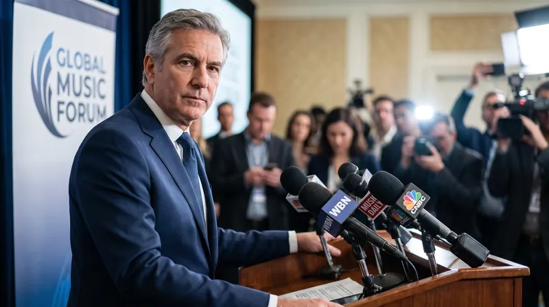 A prominent music industry executive standing on a red carpet wearing a tailored suit.