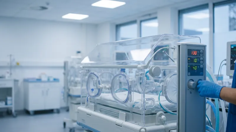 A sterile incubator inside a modern neonatal intensive care unit surrounded by medical monitoring equipment.