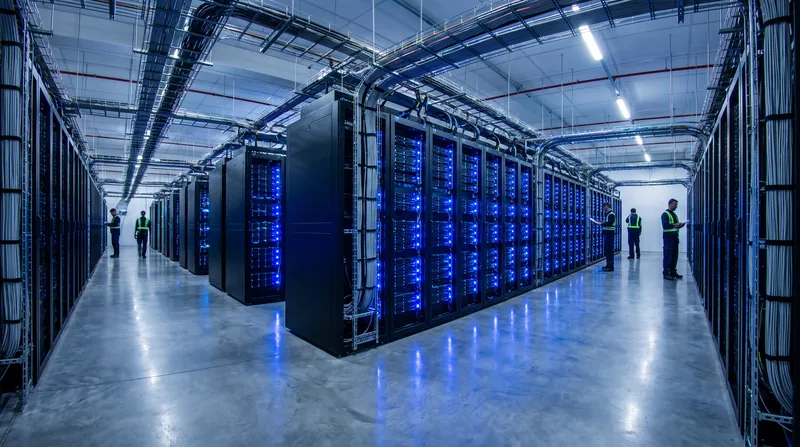 A long aisle of glowing blue server racks inside a modern, brightly lit data center.