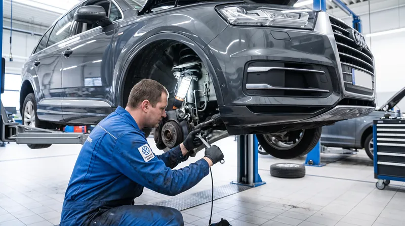 A mechanic in a blue uniform inspects the front suspension of a lifted Volkswagen SUV in a brightly lit service bay.