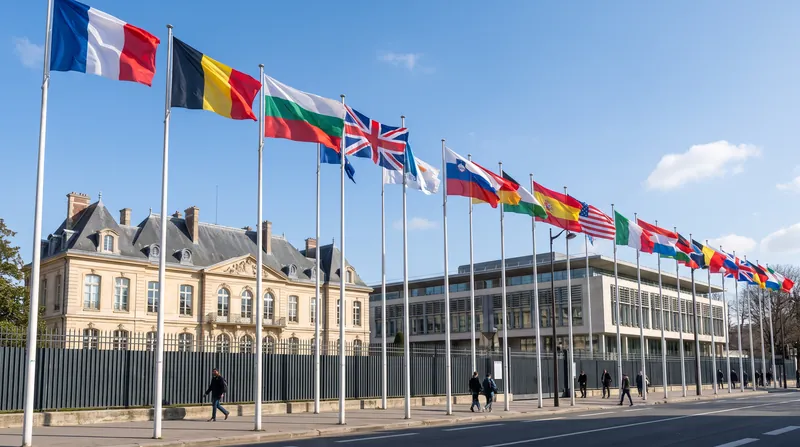 The flags of member nations flying outside the OECD headquarters building in Paris.