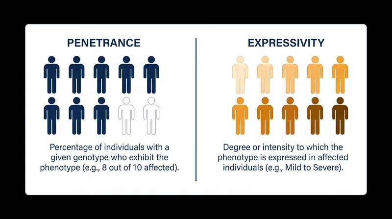 Penetrance measures the probability of a trait appearing, while expressivity measures the range of its severity.