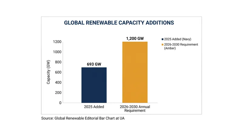 Annual renewable capacity additions must nearly double to meet the 2030 target.