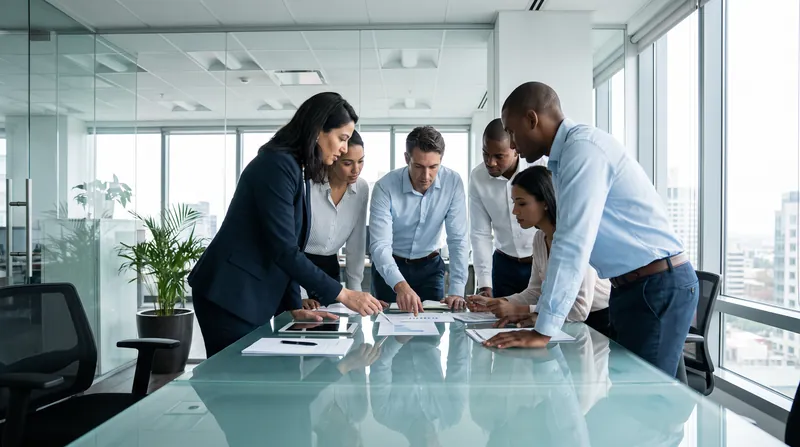 Diverse professionals sitting around a glass conference table reviewing documents in a modern corporate office.