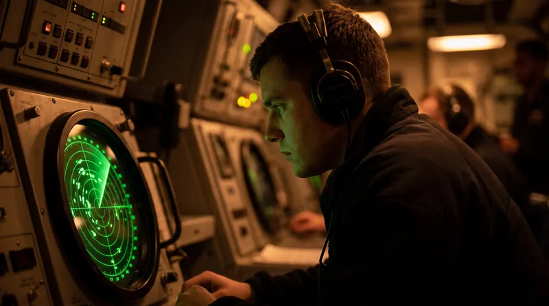 A radar operator looking intently at a glowing green circular screen in a dark control room.