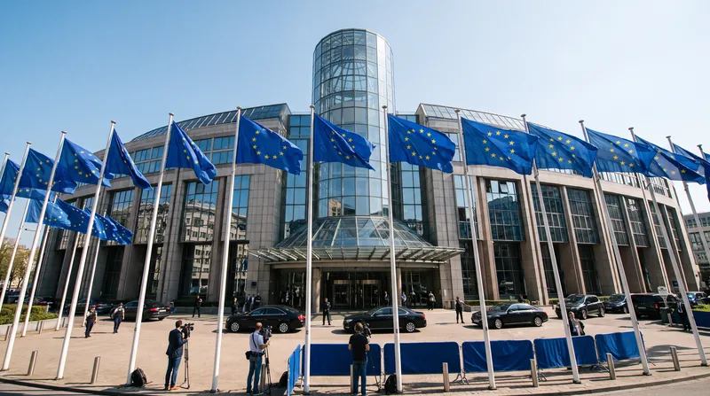 The European Council building in Brussels with European Union flags flying in the foreground.