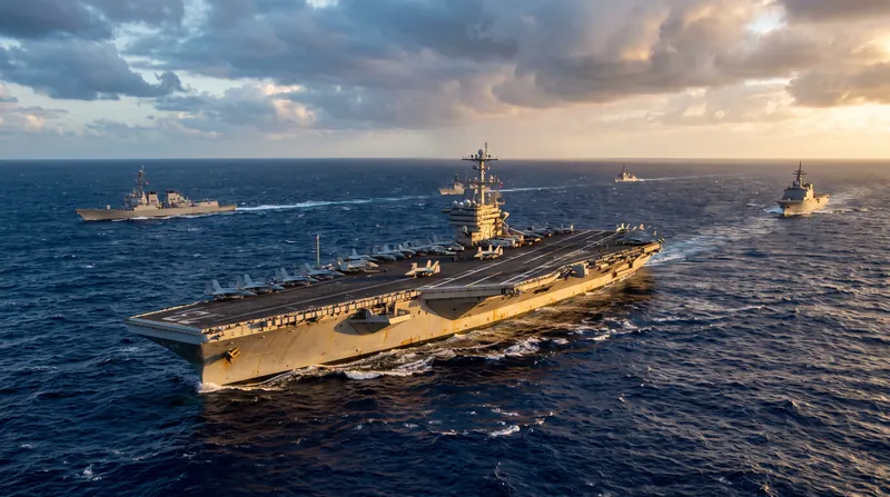 The USS George Washington aircraft carrier sailing on the ocean at dusk with fighter jets on deck.