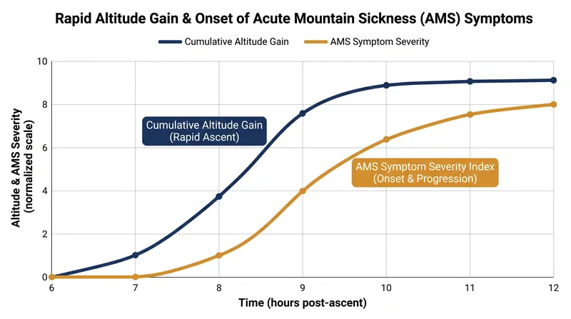 Clinical data indicates that acute mountain sickness symptoms typically emerge between 6 and 12 hours after arrival at a new, higher altitude.