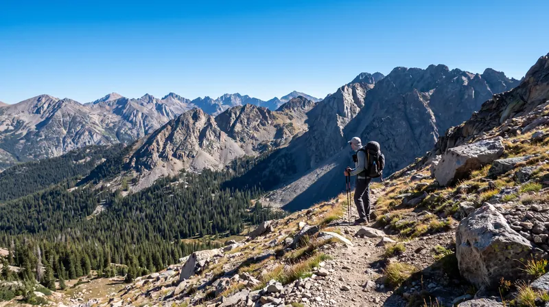 A hiker with a backpack standing on a steep, rocky alpine trail looking at snow-capped mountains.