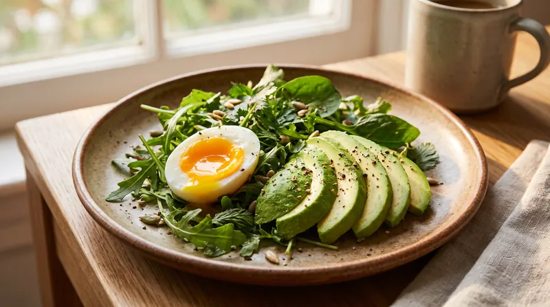 A healthy breakfast plate featuring a soft-boiled egg, sliced avocado, and fresh greens on rustic ceramics.