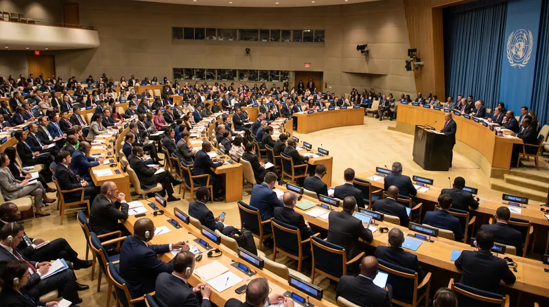 Wide view of the United Nations General Assembly hall during a plenary session with delegates seated.