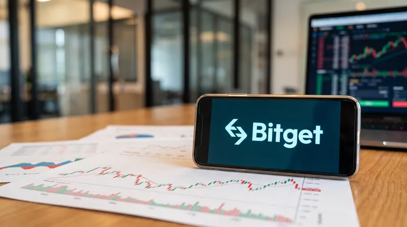 A smartphone displaying the Bitget cryptocurrency exchange logo rests on a desk next to financial charts.