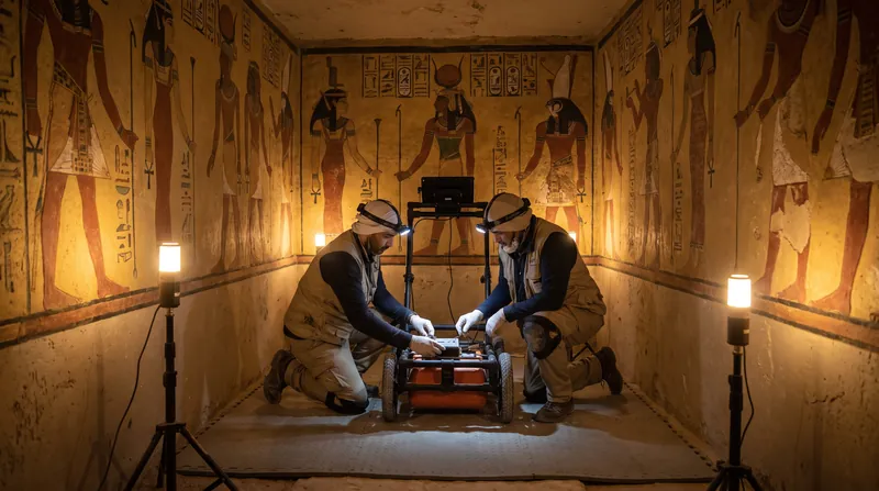 Archaeologists operating ground-penetrating radar equipment inside the brightly painted burial chamber of Tutankhamun.