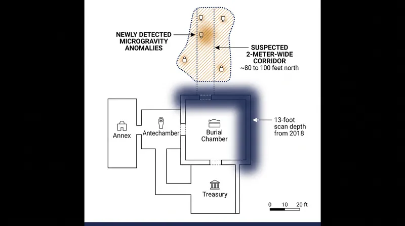 New microgravity measurements detected anomalies up to 100 feet north of the known burial chamber, well beyond the 13-foot range of previous scans.