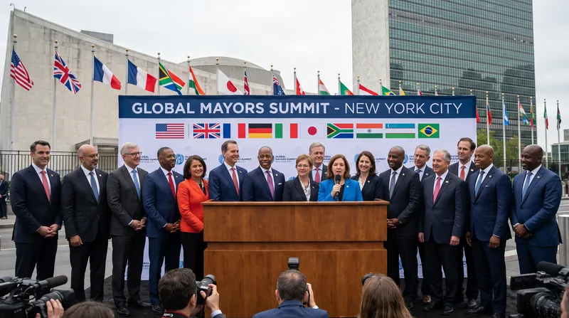 A diverse group of global mayors standing together at a podium during a summit in New York City.