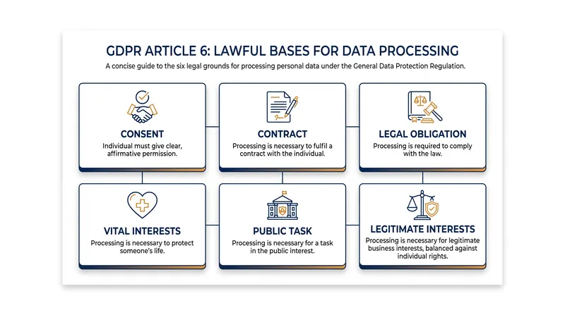 The six primary lawful bases established by Article 6 of the General Data Protection Regulation.