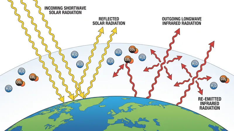 Trace gases with three or more atoms absorb and re-emit outgoing infrared radiation.