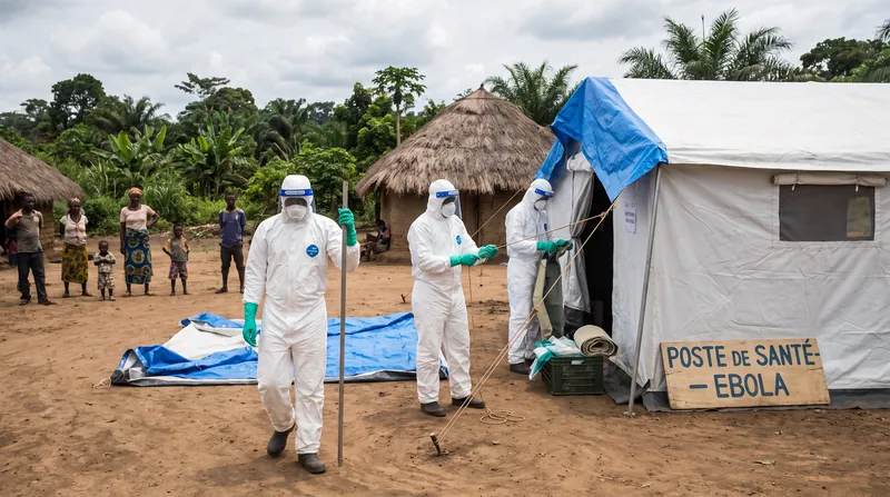 Medical workers in protective gear standing near a treatment tent in a rural setting.