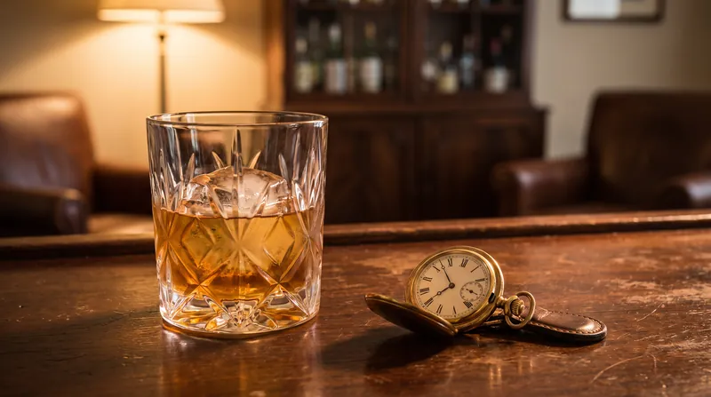 A half-empty rocks glass with ice sits on a dark wooden bar next to a vintage analog pocket watch.