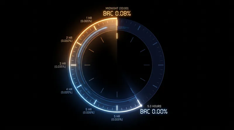 At the standard clearance rate, a peak BAC of 0.08% takes over five hours to fully leave the body.