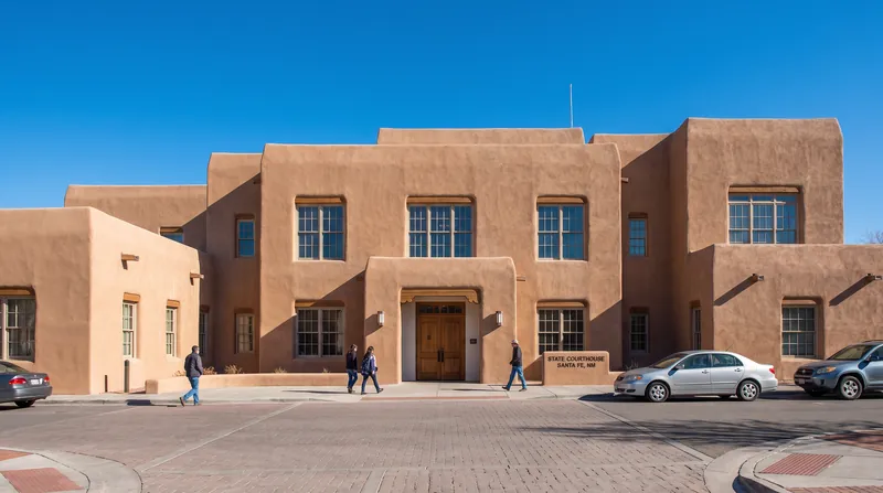 Exterior view of a traditional adobe-style state courthouse building in Santa Fe, New Mexico under a clear sky.