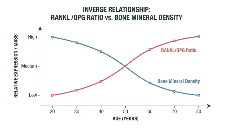 As the RANKL-to-OPG ratio increases with age, net bone mineral density decreases.