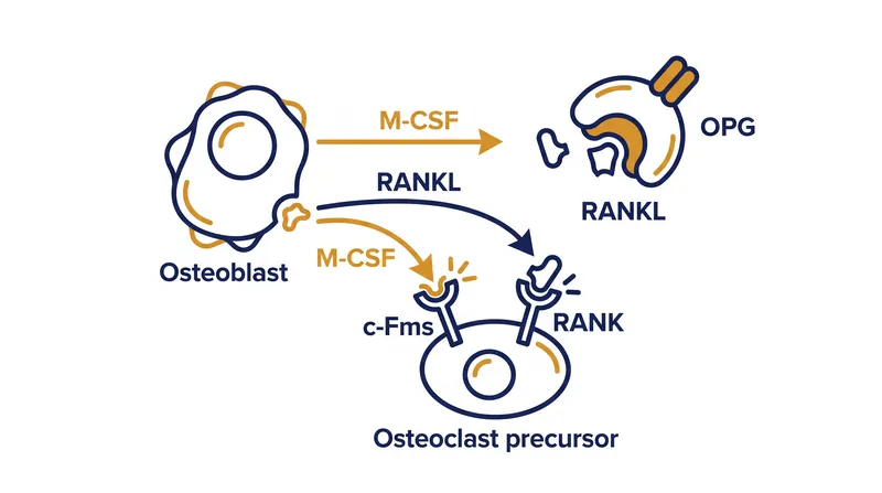 The molecular triad: M-CSF ensures survival, RANKL triggers bone resorption, and OPG acts as a decoy to halt the process.