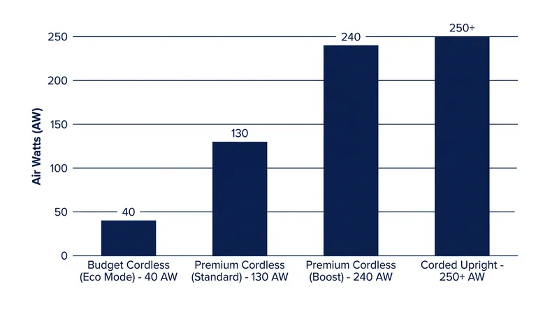 Cordless vacuums often advertise their maximum Air Watts, but can only sustain that output for a few minutes before stepping down to a lower-power mode.