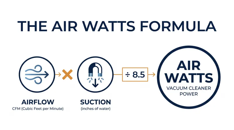 The ASTM F558 standard calculates Air Watts by multiplying airflow by static suction, dividing by a constant of 8.5.