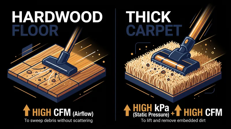 Hard floors require high airflow to capture debris, while carpets require static pressure to break the bond between dirt and fibers.