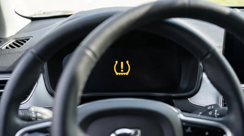 A close-up of a car dashboard showing the yellow horseshoe-shaped tire pressure warning light illuminated.