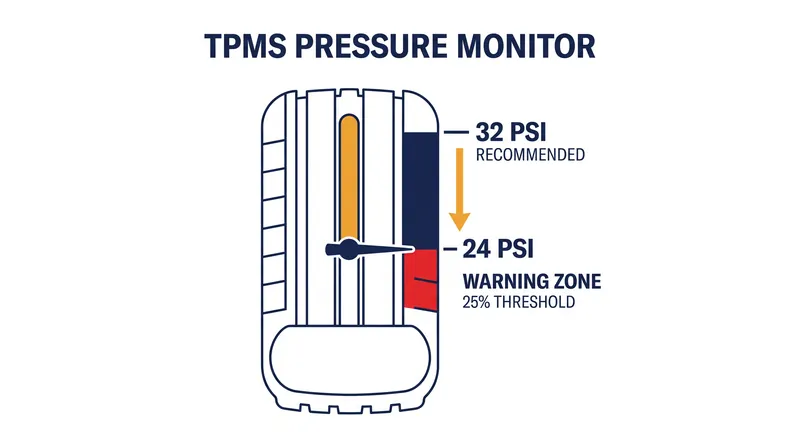 For a tire with a recommended pressure of 32 psi, the system will not trigger a warning until it reaches 24 psi.