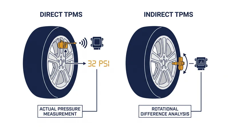 Direct systems measure actual air pressure, while indirect systems calculate pressure loss based on wheel rotation speed.