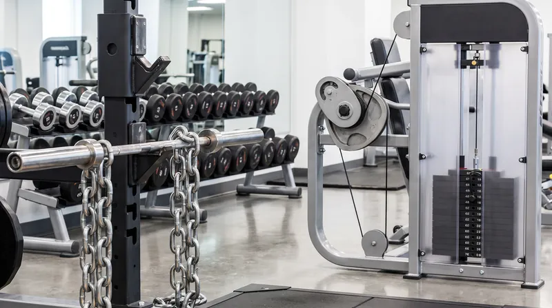 A commercial gym weight room showing a barbell with heavy steel chains, a dumbbell rack, and a modern cam-pulley machine.